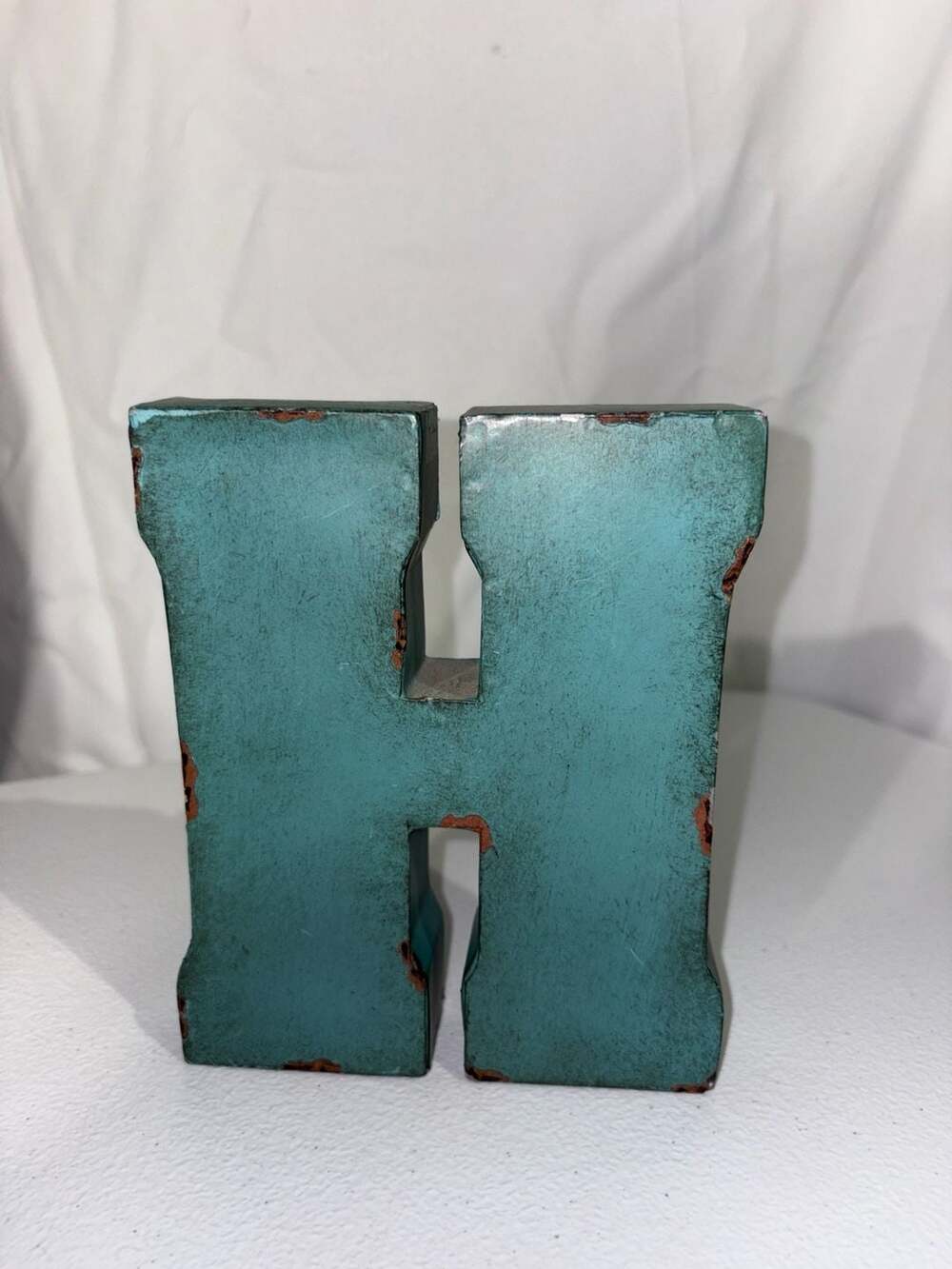 Rustic Metal Letter “H” Hanging Sitting Home Decor 11 X 8.5 X 2 in Teal Blue Gre